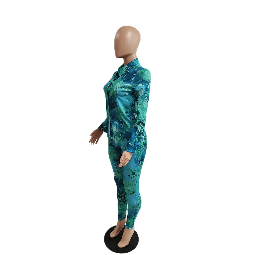 CM.YAYA Autumn Letter Leaf Print Women's Set Blouses Shirt Legging Pants Suit Active Wear Tracksuit Two Piece Set Fitness Outfit