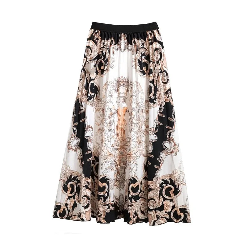 Casual Floral Midi Pleated Skirt For Women Fashion Printed Flower A Line Elastic High Waist Mid-length Skirt Female Ladies falda