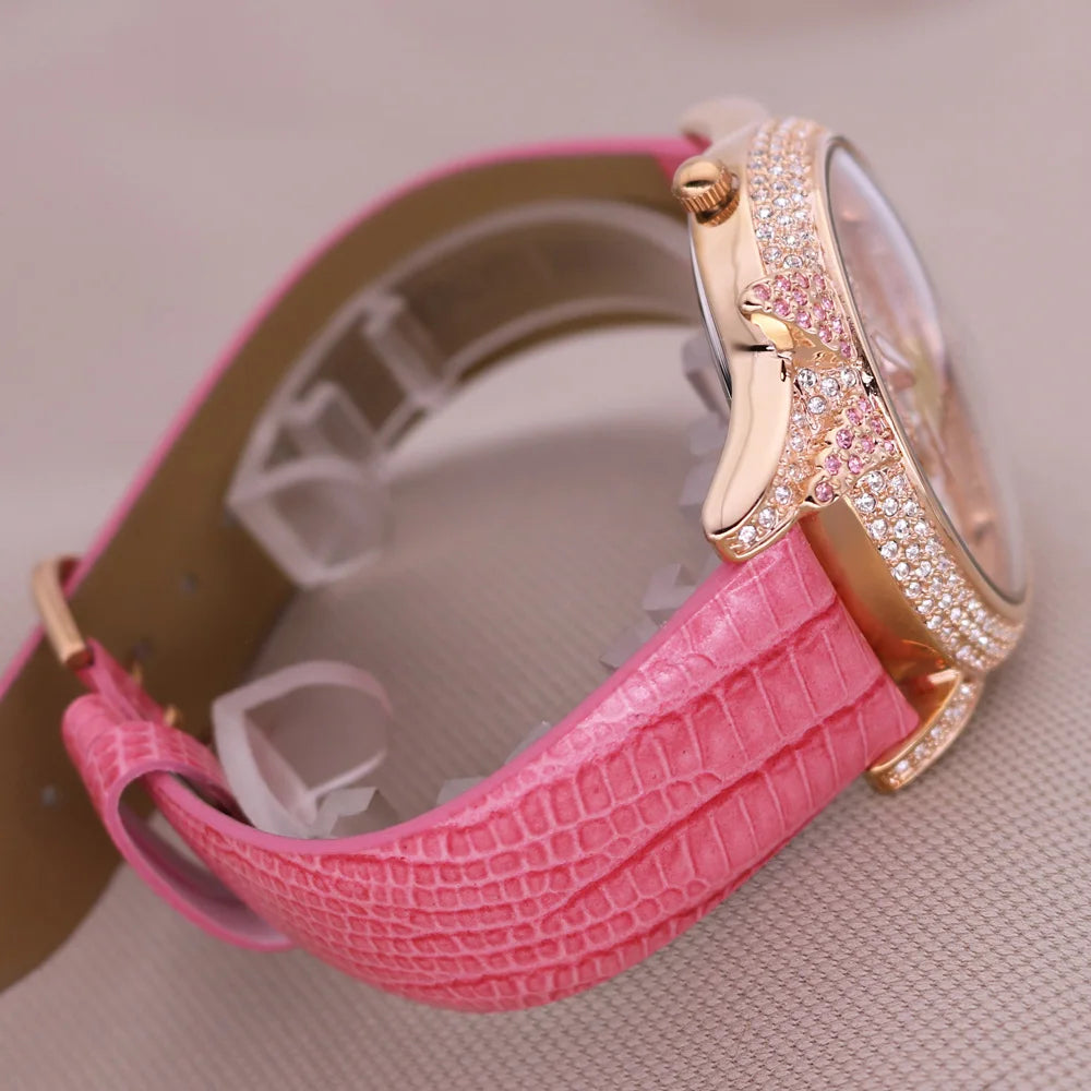 Luxury Unicorn Melissa Women's Watch Rhinestone Crystal Fashion Hour Real Leather Bracelet Clock Girl's Birthday Gift Box