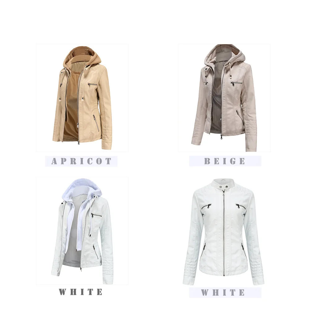 Autumn Winter Women Leather Jacket Hooded Removable PU Leather Jackets Motorcycle Long Sleeve Zipper Coat Black Outerwear XS-7XL