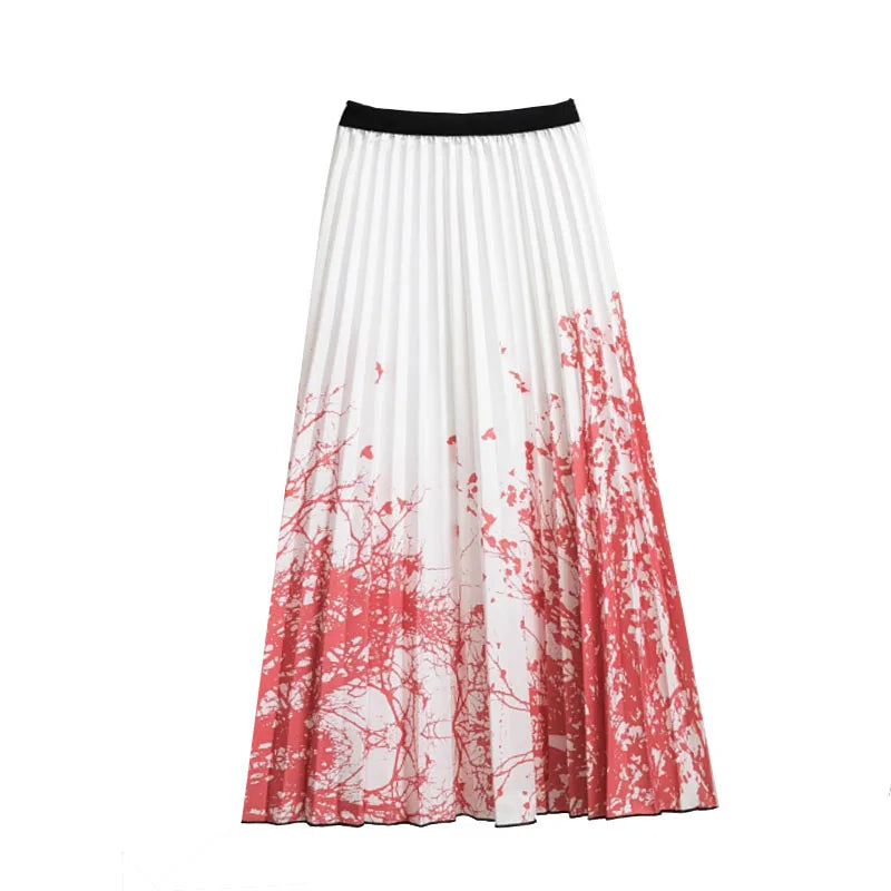 Casual Floral Midi Pleated Skirt For Women Fashion Printed Flower A Line Elastic High Waist Mid-length Skirt Female Ladies falda