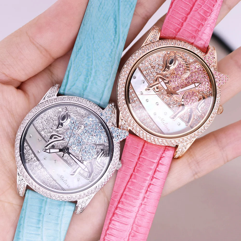 Luxury Unicorn Melissa Women's Watch Rhinestone Crystal Fashion Hour Real Leather Bracelet Clock Girl's Birthday Gift Box