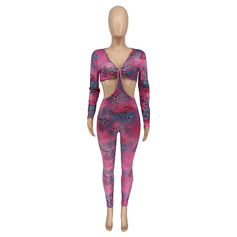 Sexy Hollow Out Rompers Womens Jumpsuit Long Sleeve Snakeskin Printed Club Wear Skinny Slim Party Jumpsuits Bodycon Overalls