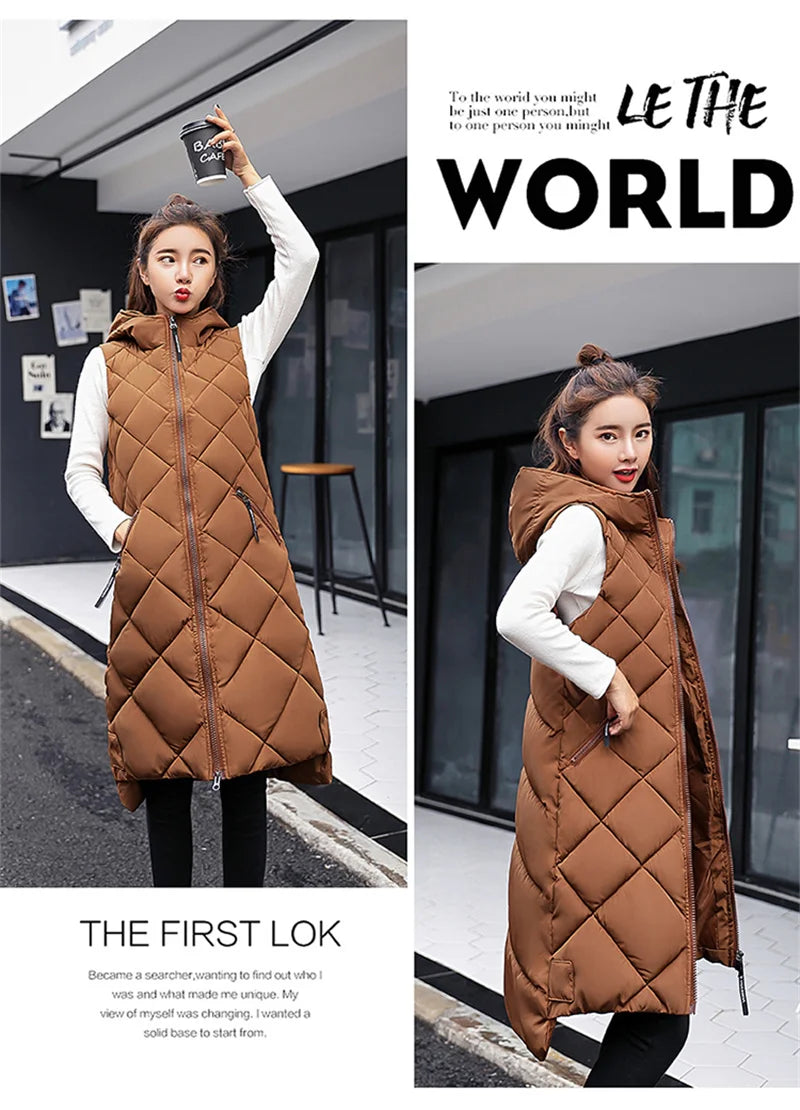 2024 New Winter Down Cotton Hooded Sleeveless Waistcoat Loose Vest Cotton Vest Long Women's Autumn Jacket Female Bisic Coats 90