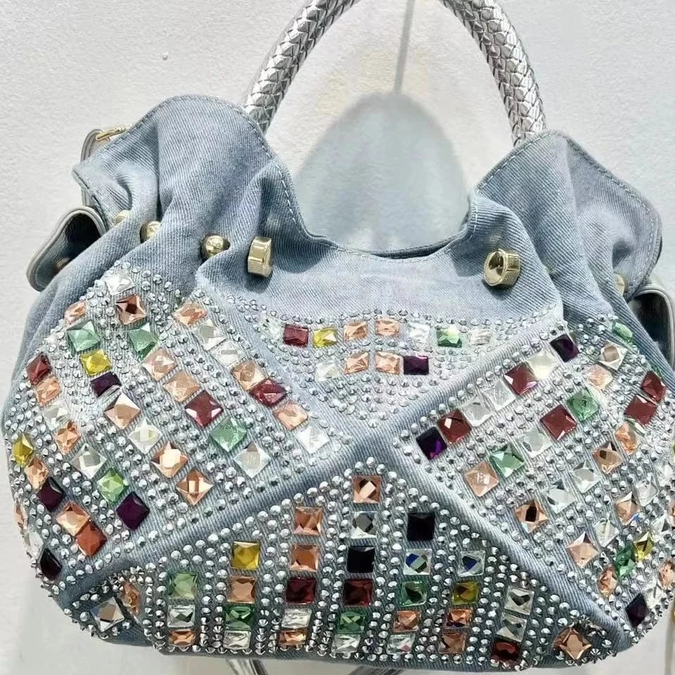 Fashion Diamond Set Denim Women's Bag Canvas Tote Girl Denim Trend Bag Crossbody Denim Blue 2024 New Model