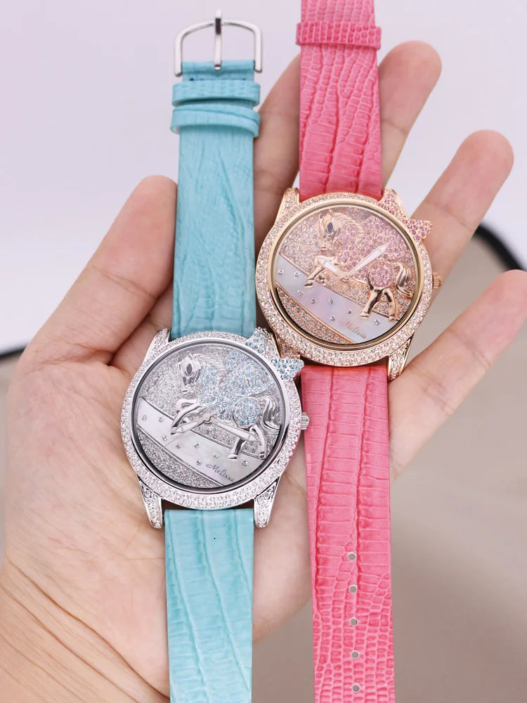 Luxury Unicorn Melissa Women's Watch Rhinestone Crystal Fashion Hour Real Leather Bracelet Clock Girl's Birthday Gift Box