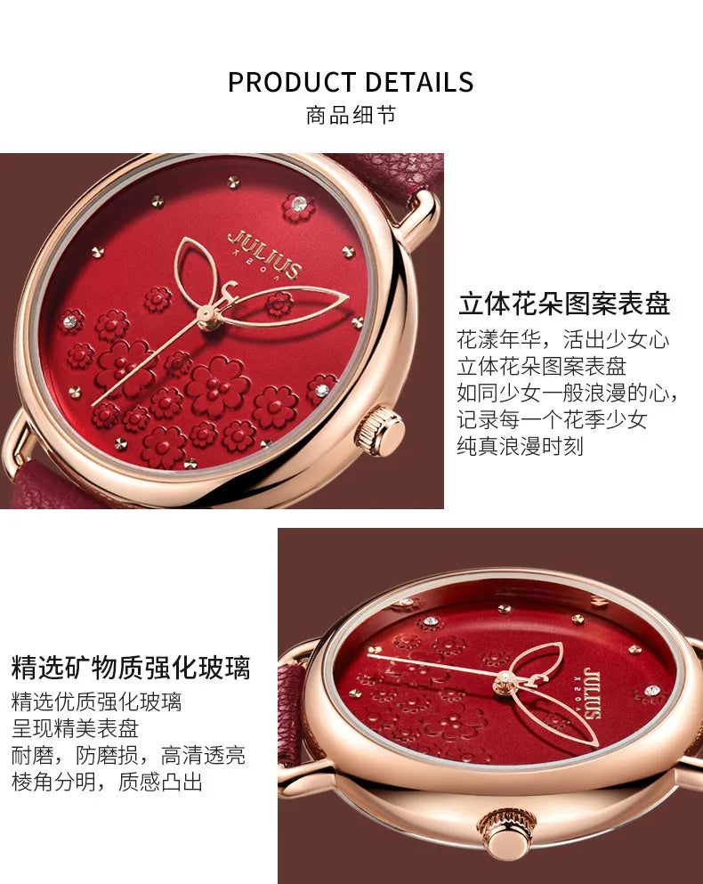 Four-leaf Clover Flower Elegant Women's Watch Japan Mov't Lady Hours Fine Fashion Real Leather Bracelet Girl's Gift Julius Box