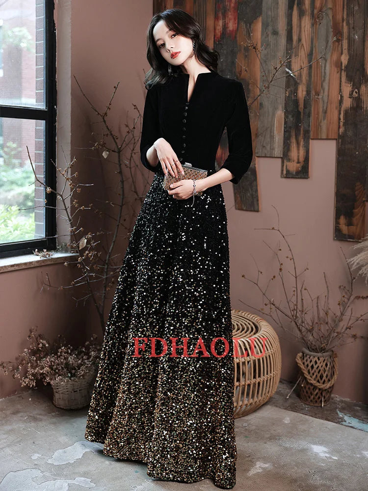 2025 Evening Dresses Elegant Black Sequins Evening Dress Long Plus Size Formal Gowns Shining robe de soiree Customized