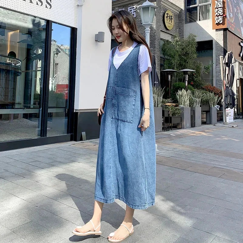 Fashion Women Denim Suspender Dress Loose V-Neck Sleeveless Suspender Dress Female Short Sleeve T-Shirt+Jeans Dresses Sets