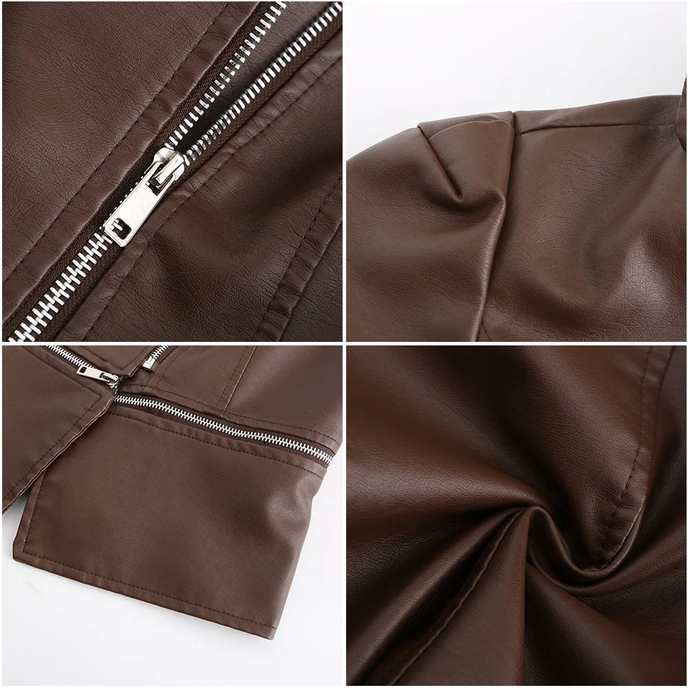 Spring Autumn Motorcycle PU Leather Jacket Women Casual Leather Coat Female Long Sleeve Turn-down Collar Solid Outwear