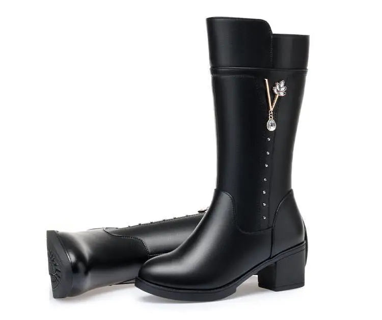 Genuine Leather Mid Calf Boots