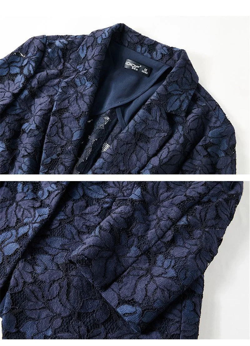 Size 6XL Lace Suit Jacket Female 2021 Autumn And Summer Temperament Sunscreen Hollow Blue Ladies Blazer Women Tops Elegant