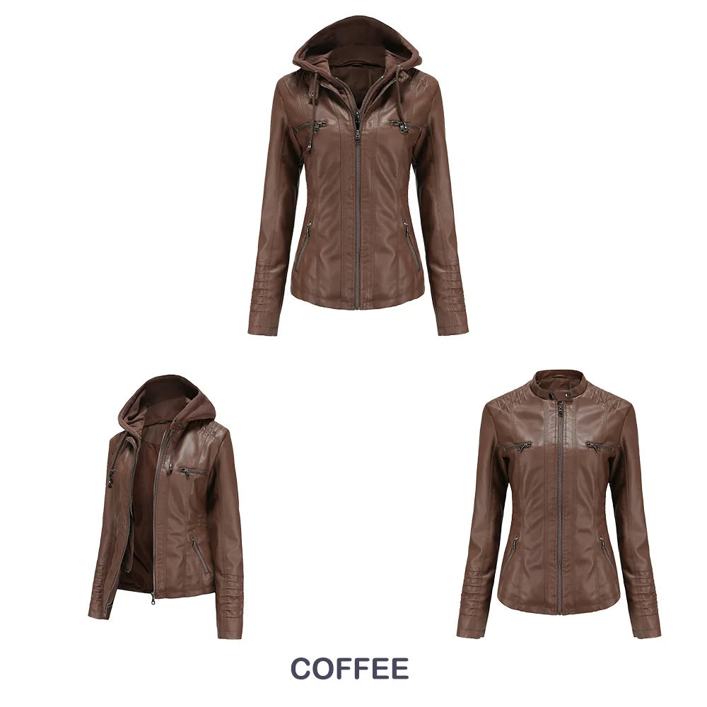 Autumn Winter Women Leather Jacket Hooded Removable PU Leather Jackets Motorcycle Long Sleeve Zipper Coat Black Outerwear XS-7XL