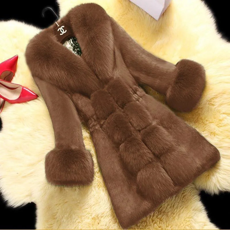 Vintage 2024 New Autumn Winter Female Mid-Long Fleece Overcoat Faux Fur Fox Fur Collar Mink Fur Coat Thicken Elegant 408