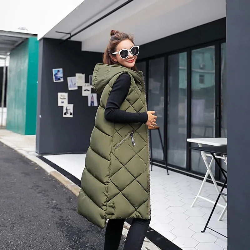 2024 New Winter Down Cotton Hooded Sleeveless Waistcoat Loose Vest Cotton Vest Long Women's Autumn Jacket Female Bisic Coats 90