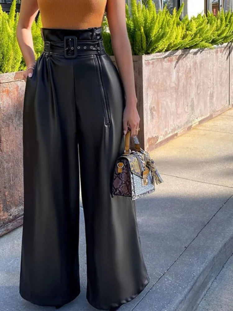 Women's Pants Wholesale Items High Waist Pu Leather Black Wide Leg Pants for Women Casual Fashion Loose Streetwear Trouser Femme
