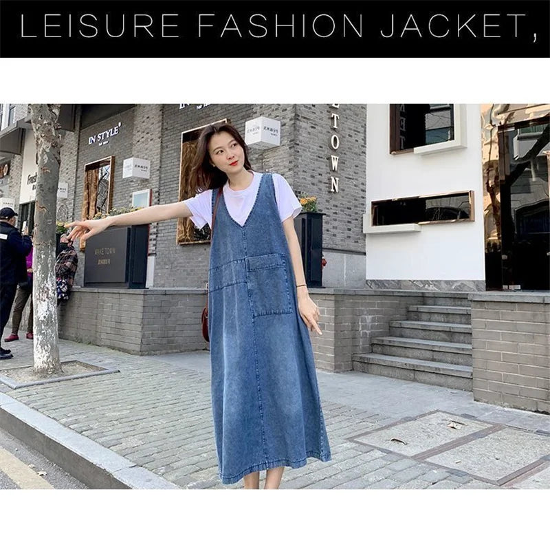 Fashion Women Denim Suspender Dress Loose V-Neck Sleeveless Suspender Dress Female Short Sleeve T-Shirt+Jeans Dresses Sets