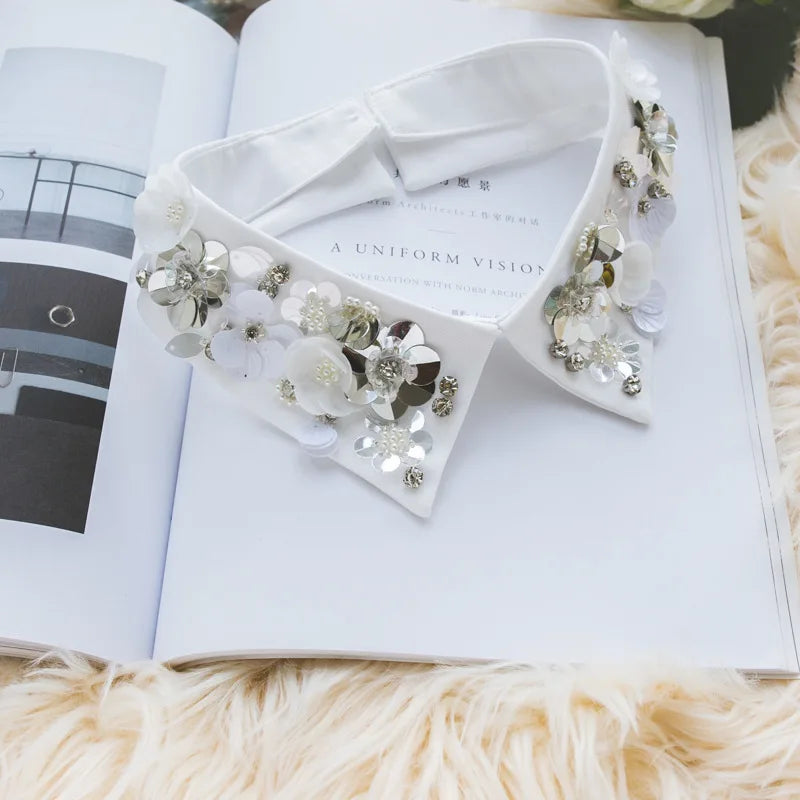 Fashion Women Sequins Detachable Collars Faux White Black False Collars Woman Tie Fashion Removable Diamond Fake Collar Women