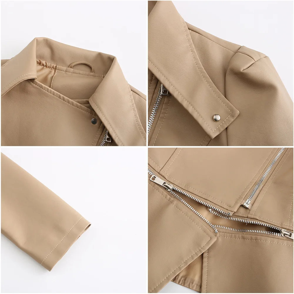 Spring Autumn Motorcycle PU Leather Jacket Women Casual Leather Coat Female Long Sleeve Turn-down Collar Solid Outwear