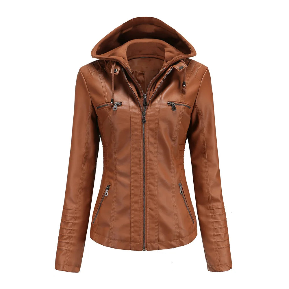 Autumn Winter Women Leather Jacket Hooded Removable PU Leather Jackets Motorcycle Long Sleeve Zipper Coat Black Outerwear XS-7XL