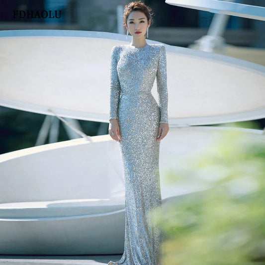 FDHAOLU FU124 Muslim Silver Mermaid Elegant Evening Dresses Gowns Long Sleeves Sparkle For Women Party Dress Customized