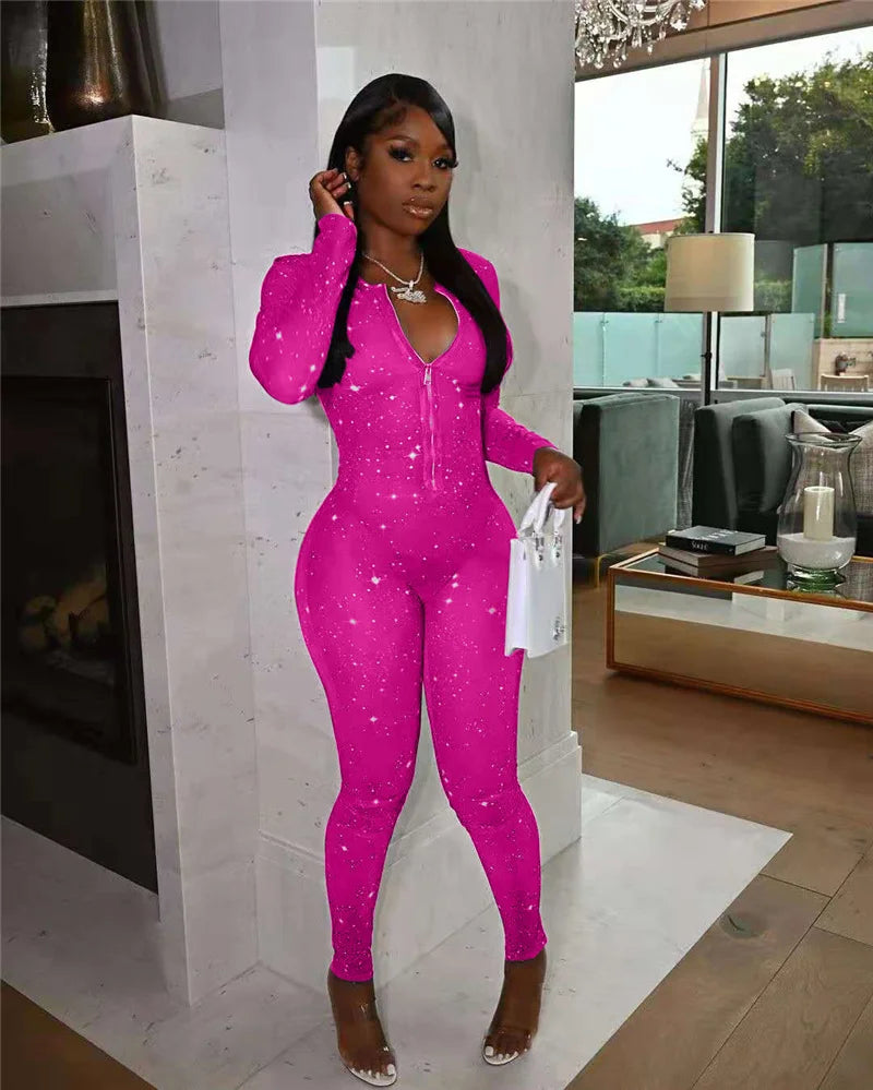Galaxy Print Mesh Sheer Jumpsuit Women Overalls Front Zipper V-neck Bodycon Rompers Sexy Midnight Clubwear One Piece Outfits