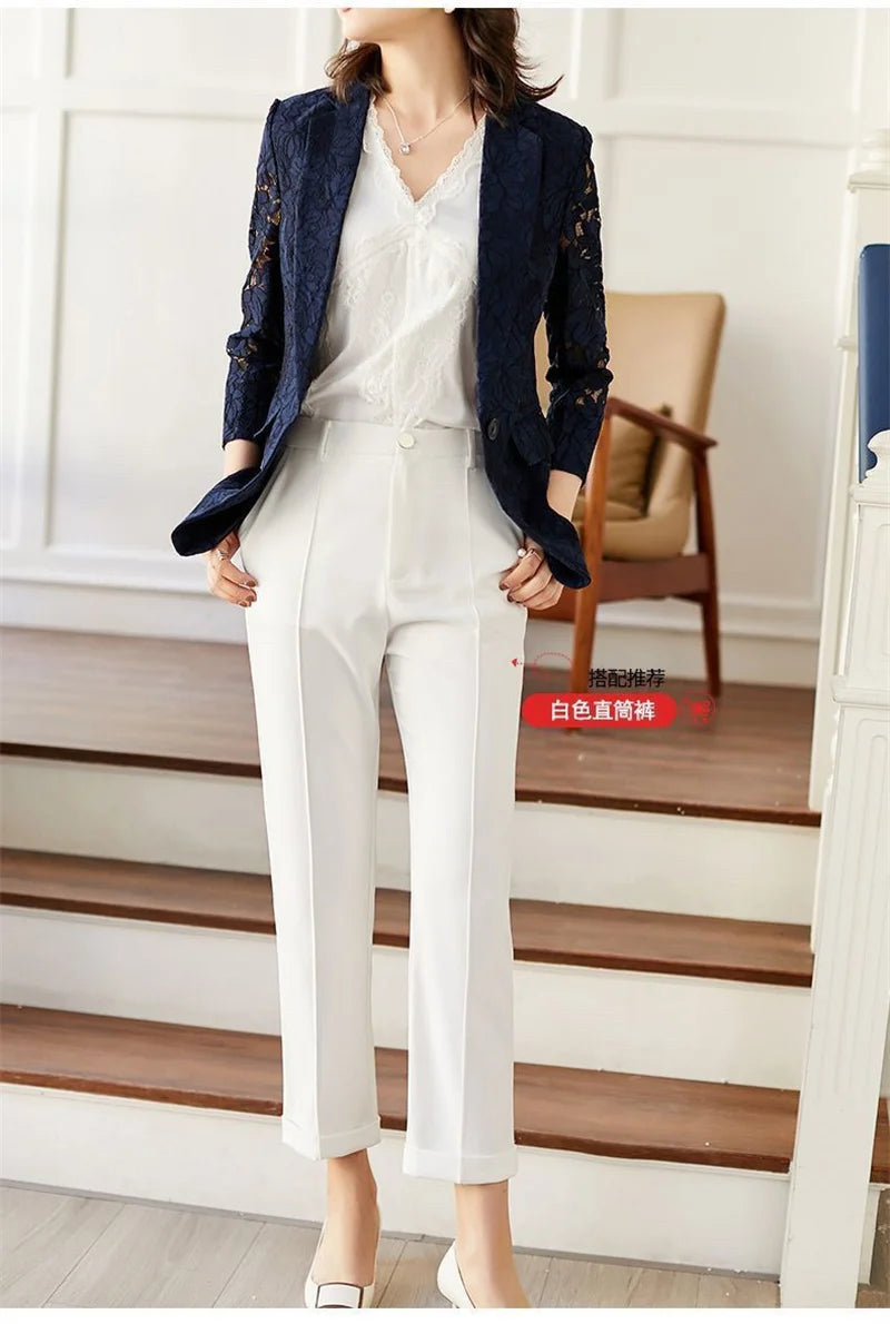 Size 6XL Lace Suit Jacket Female 2021 Autumn And Summer Temperament Sunscreen Hollow Blue Ladies Blazer Women Tops Elegant