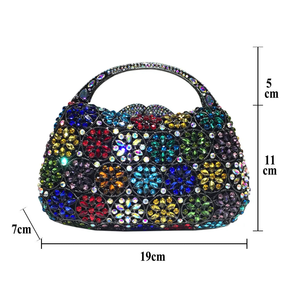 Women Champagne/Blue Color Stone Evening Bags Purses and Handbags Wedding Party Dinner Crystal Flower Clutch Bags Minaudiere Bag