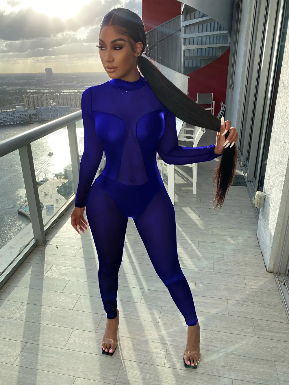 PU Leather Patchwork Mesh Jumpsuit for Women Bodycon Romper Long Sleeve See-through Night Out Club Party Jumpsuit Body Overalls