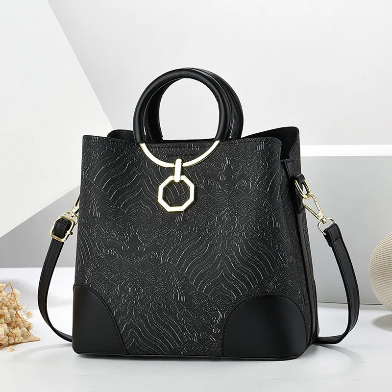 2024 Women's Large Capacity Printed Bucket Bag New Chinese Style Crossbody Tote Atmospheric Handbag Delivery Included Polyester