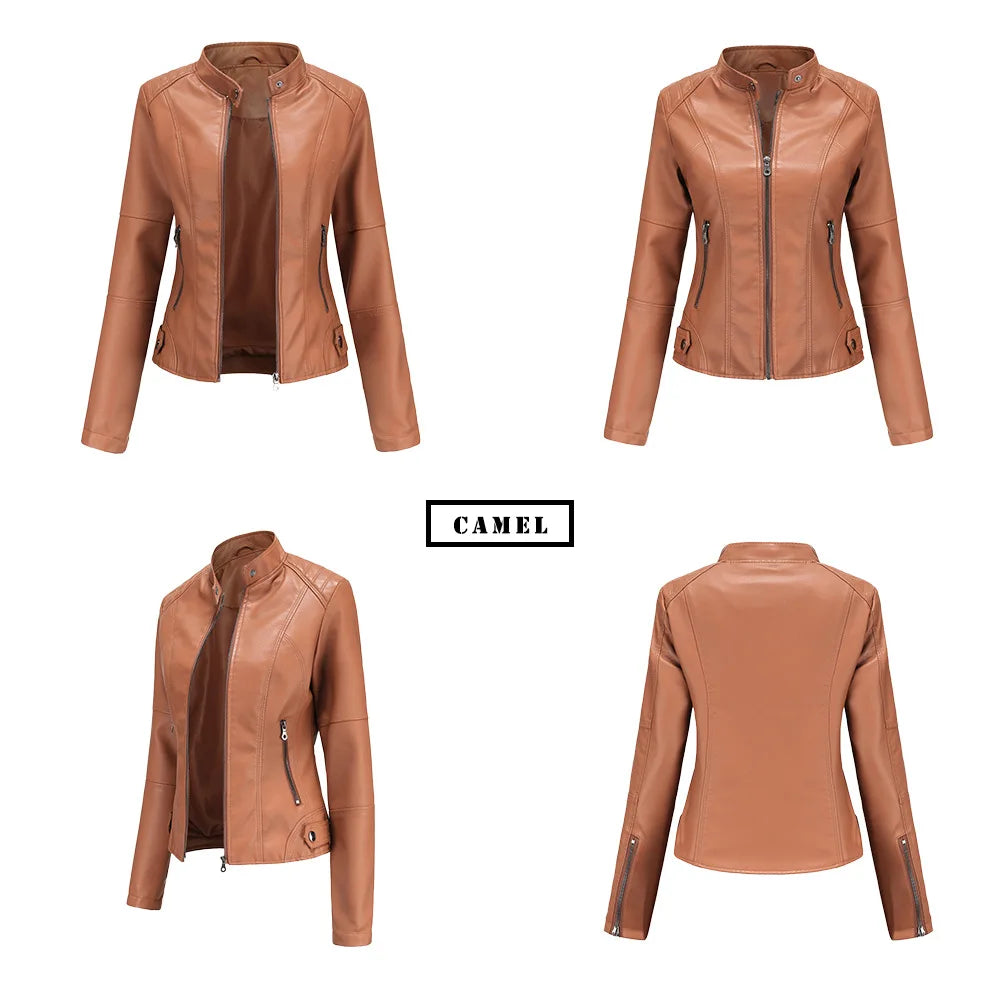 Women Leather Jacket 2025 Spring Autumn Black PU Leather Coat Stand-up Collar Motor Biker Jacket