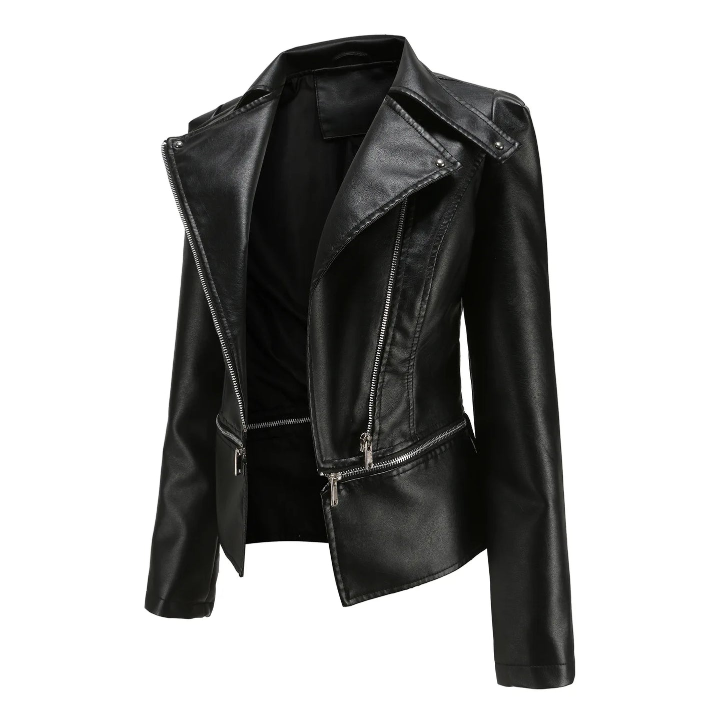 Spring Autumn Motorcycle PU Leather Jacket Women Casual Leather Coat Female Long Sleeve Turn-down Collar Solid Outwear