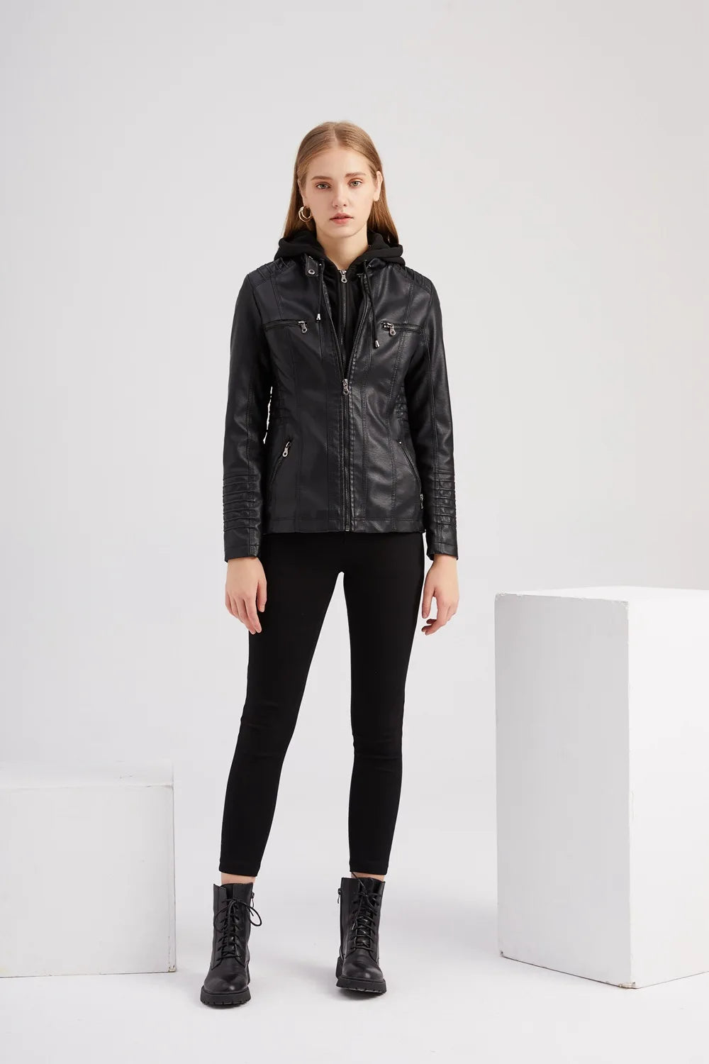 Autumn Winter Women Leather Jacket Hooded Removable PU Leather Jackets Motorcycle Long Sleeve Zipper Coat Black Outerwear XS-7XL