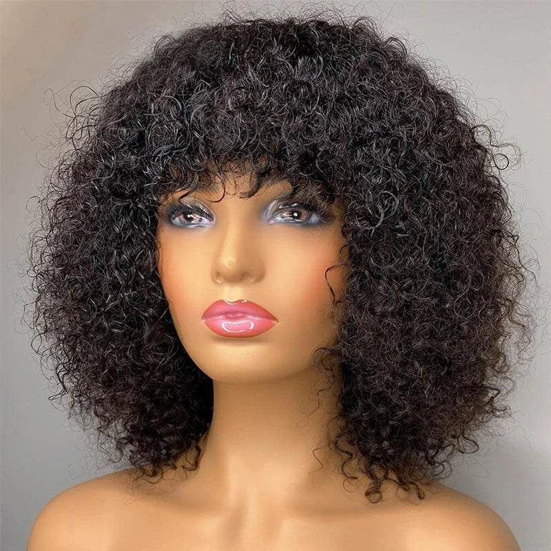 Short Bob Curly Human Hair Wigs Ombre Brazilian Remy Hair WIgs With Bangs Full Machine Made 180% Density Wigs For Black Women