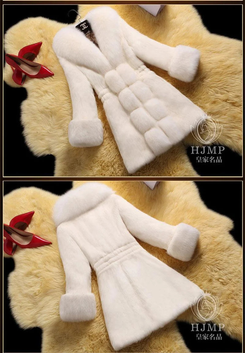 Vintage 2024 New Autumn Winter Female Mid-Long Fleece Overcoat Faux Fur Fox Fur Collar Mink Fur Coat Thicken Elegant 408