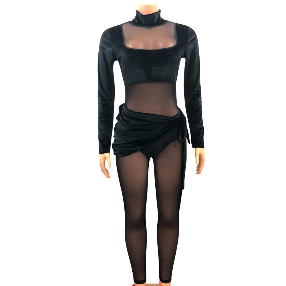 CM.YAYA Autumn Winter Women Long Sleeve Velvet Mesh Patchwork Jumpsuit Vintage Sexy Night Party Club One Piece Romper Playsuit