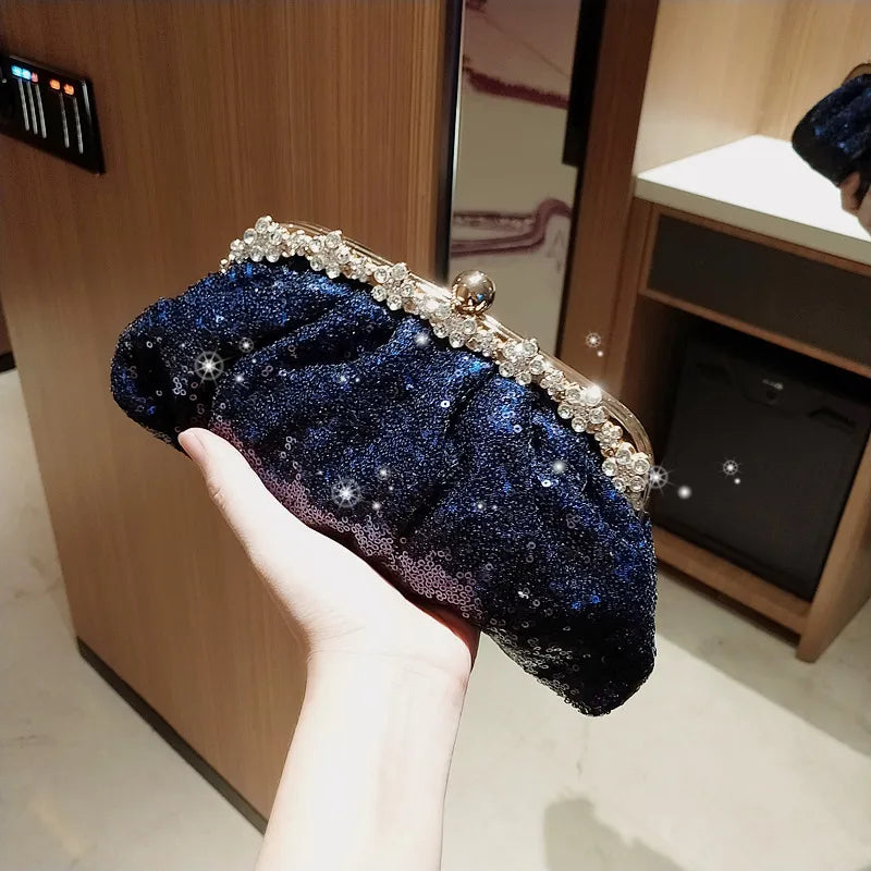 Dark Blue Clutch Bag Women Bling Sequin Purses and Handbag Diamonds Women's Wallet Chain Shoulder Female Party Clutch Z246