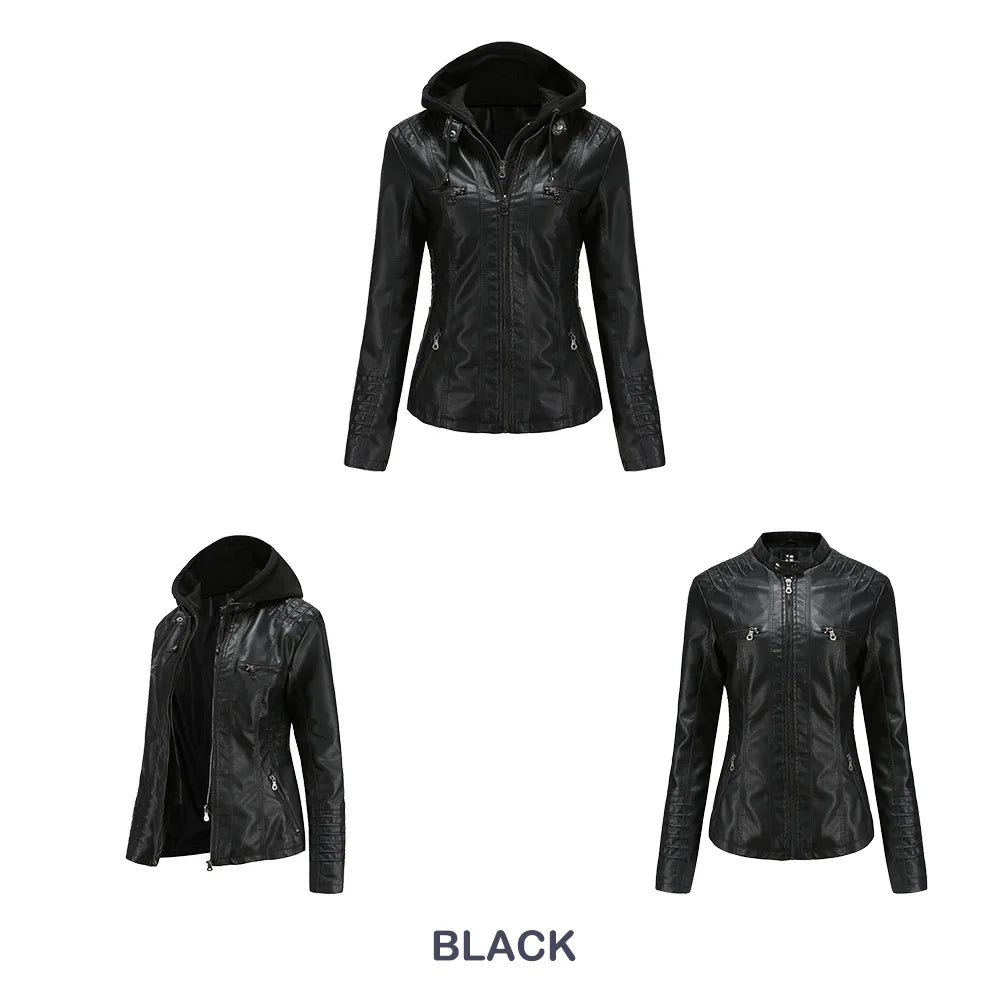Autumn Winter Women Leather Jacket Hooded Removable PU Leather Jackets Motorcycle Long Sleeve Zipper Coat Black Outerwear XS-7XL