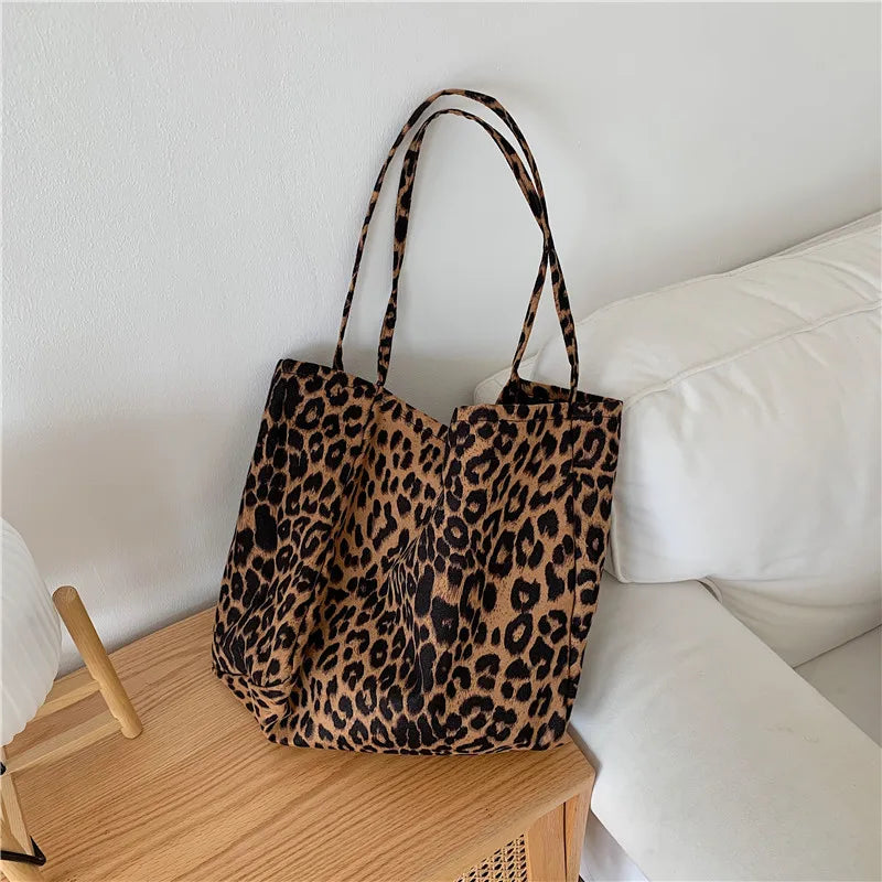 Fashion Women's Leopard Print Canvas Tote Bag Large Capacity Eco-Friendly Portable Foldable Shoulder Shopping Bag