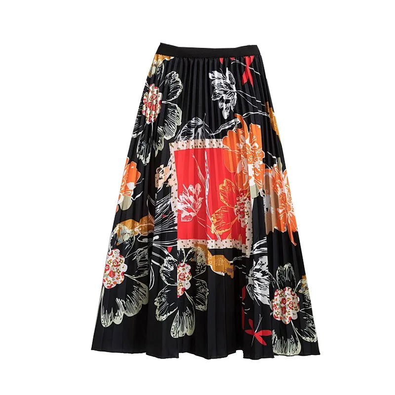 Casual Floral Midi Pleated Skirt For Women Fashion Printed Flower A Line Elastic High Waist Mid-length Skirt Female Ladies falda
