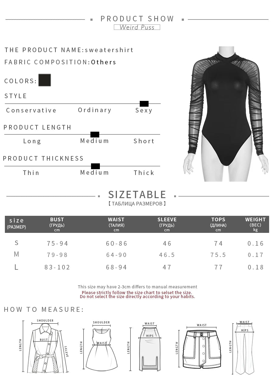 Weird Puss 2023 Mesh Patchwork Bodysuit Sexy Women Sleeve Ruched Skinny Turtleneck Bodycon Elegant Wild Tops Streetwear Outfits