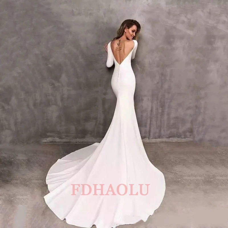 Customized FDHAOLU FU16 White Mermaid Wedding Dresses Long Sleeve Elegant Boho Satin Bride Dress Wedding Gowns Vestido De Noiva