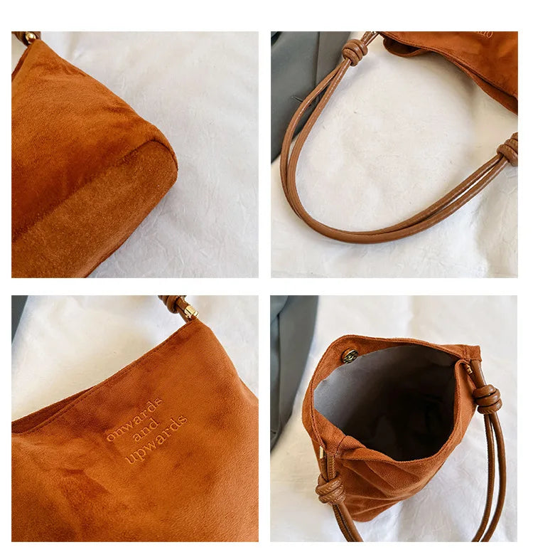 Vintage Bucket Bag for Women Suede Shoulder Handbag Versatile Shoulder Purse Underarm Bags Lightweight Shoulder Crossbody Bag