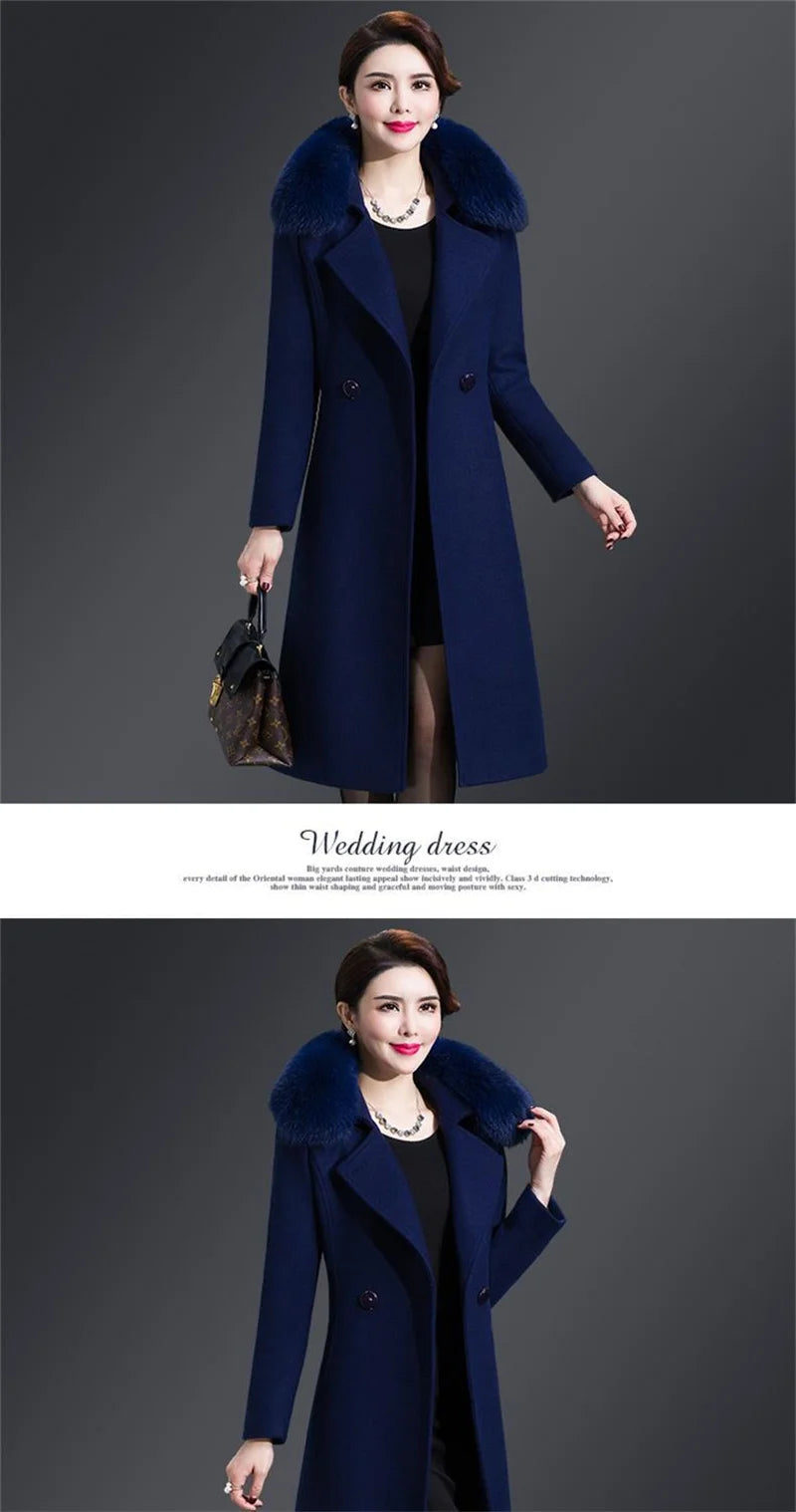 High Quality Big Fur Collar Woolen Coat Women Belt Knee-Length Double Breasted Mid-Long Woolen Jacket For Autumn Winter Outcoat