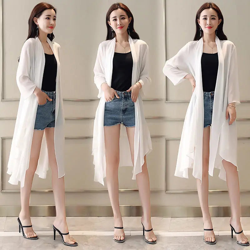Women Clothing 2021Female Summer Thin Section Long Sun Protection Clothing Long Sleeve Shawl Chiffon Cardigan Trend Coat B19