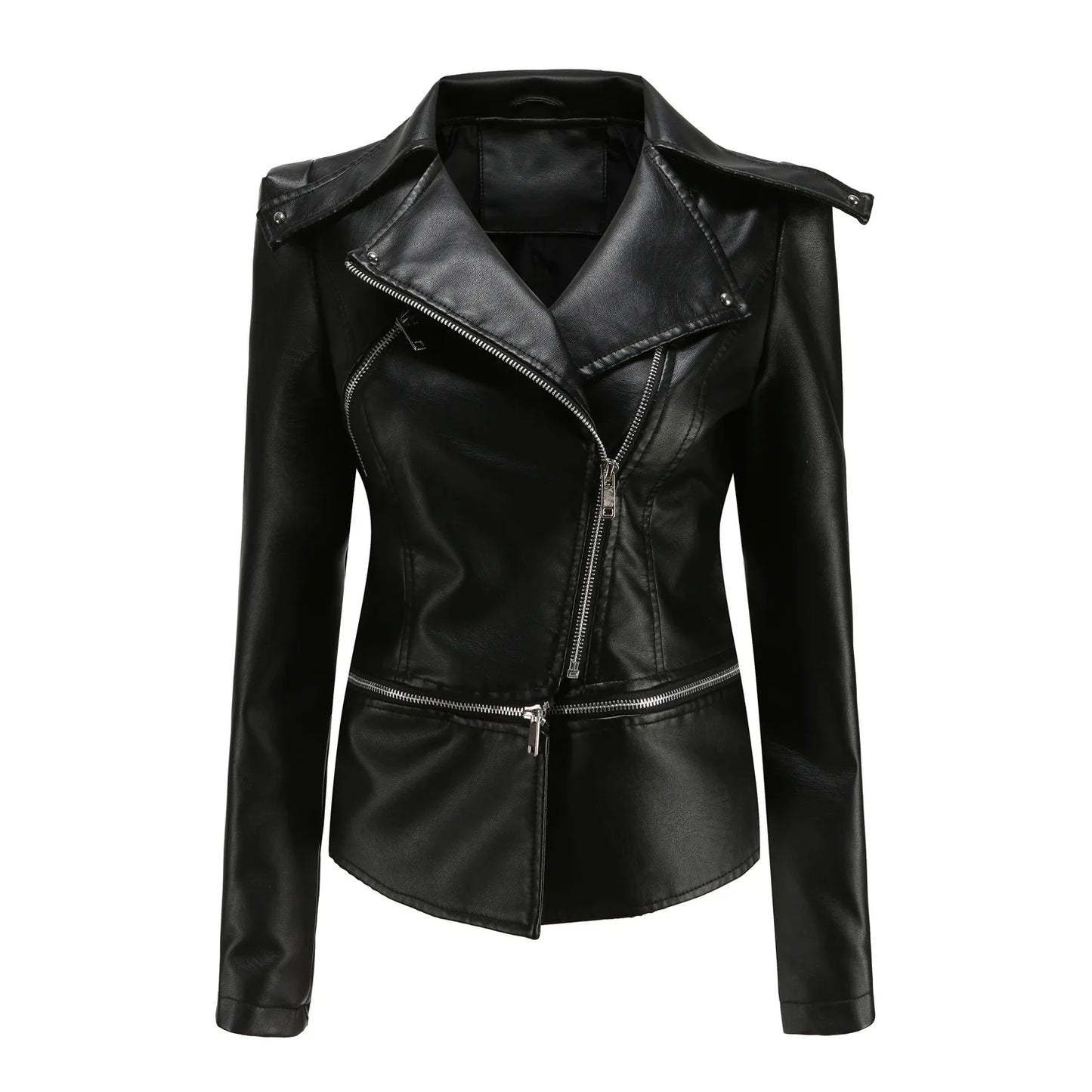 Spring Autumn Motorcycle PU Leather Jacket Women Casual Leather Coat Female Long Sleeve Turn-down Collar Solid Outwear