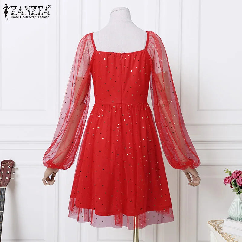 ZANZEA Elegant Women Dress 2024 Spring Summer Lace Patchwork Knee Length Dresses Casual Solid Long Sleeve A-line Oversized Robe