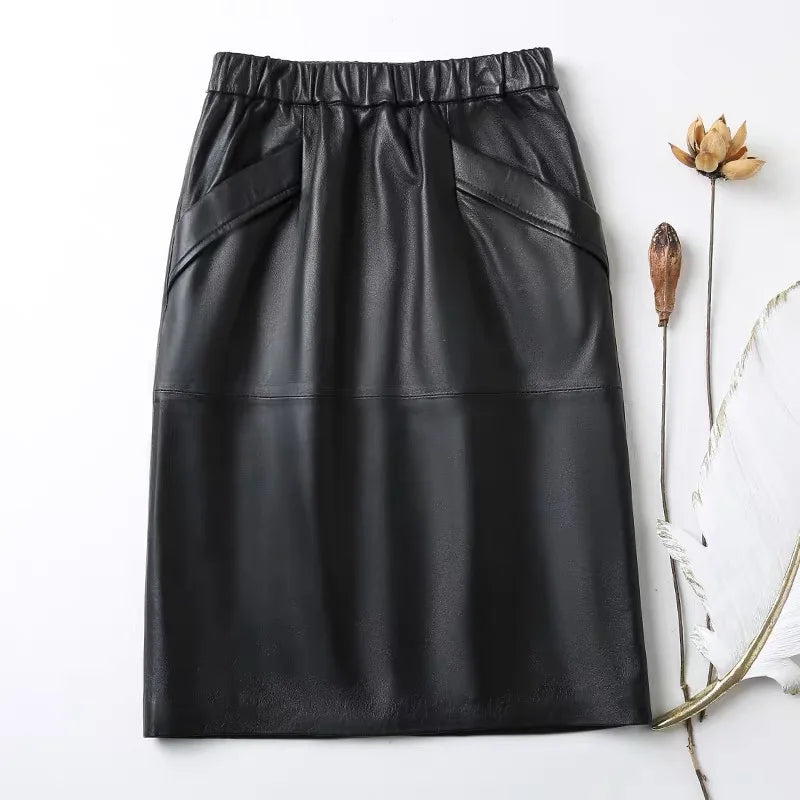 Leather Skirt Women With Pockets Midi Skirts Womens 2025 New Genuine Black And Green Sheepskin Leather Pencil Skirt Hgh Waist