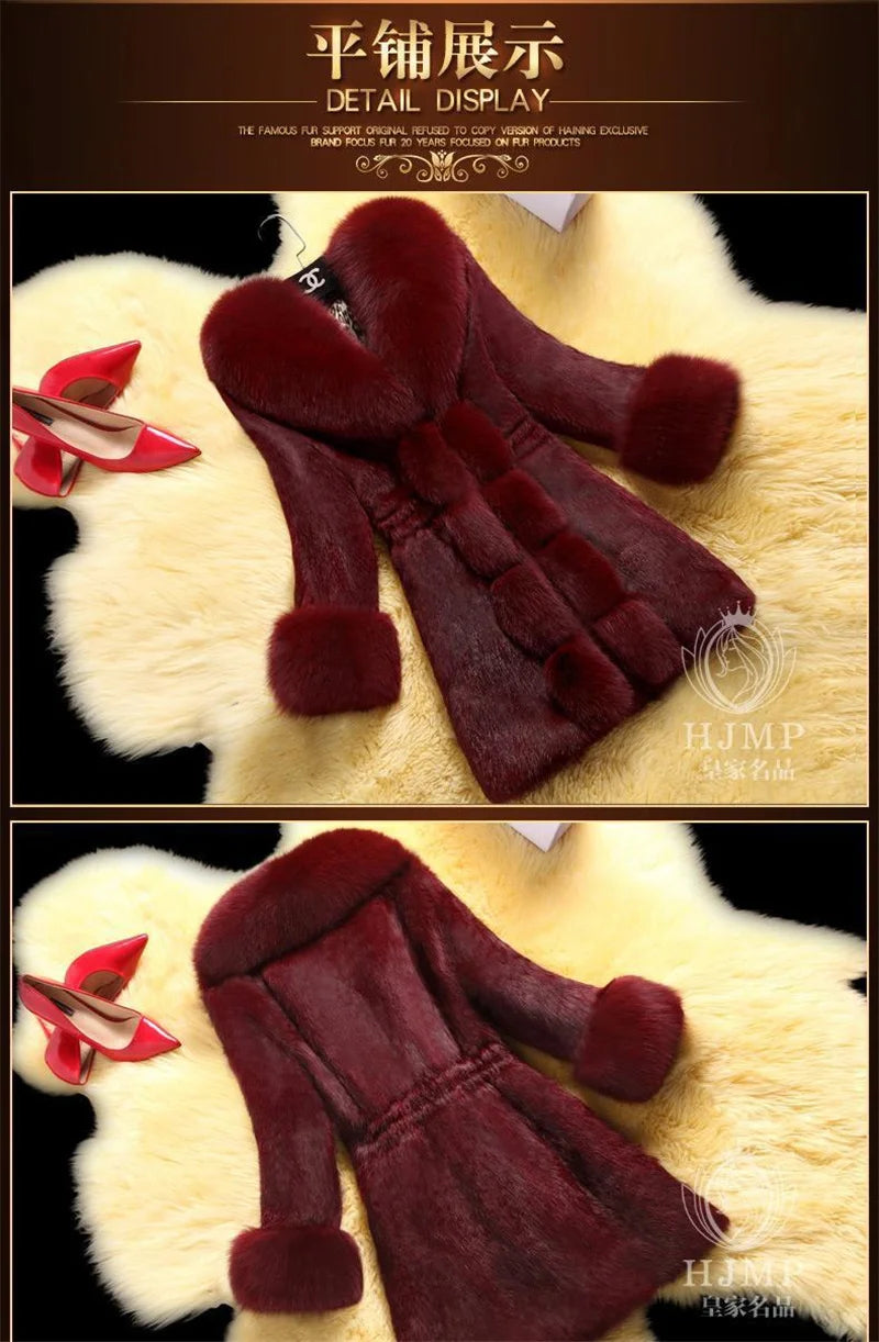 Vintage 2024 New Autumn Winter Female Mid-Long Fleece Overcoat Faux Fur Fox Fur Collar Mink Fur Coat Thicken Elegant 408