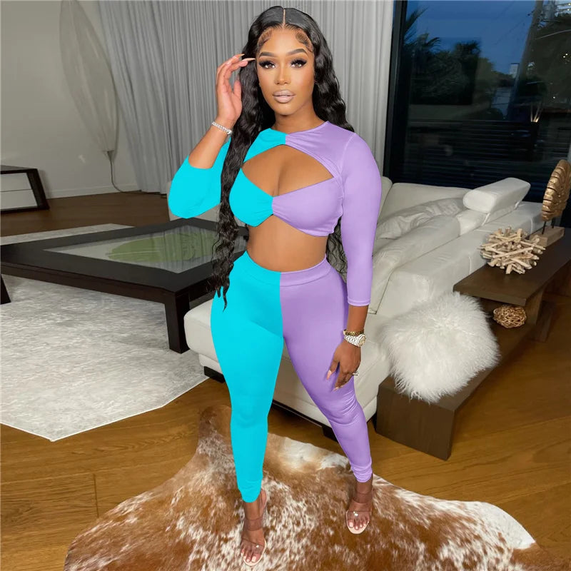 Color Block Patchwork Two Piece Set Women Cut Out Crop Top and Pants Leggings Club Outfits for Women Matching Sets Tracksuit